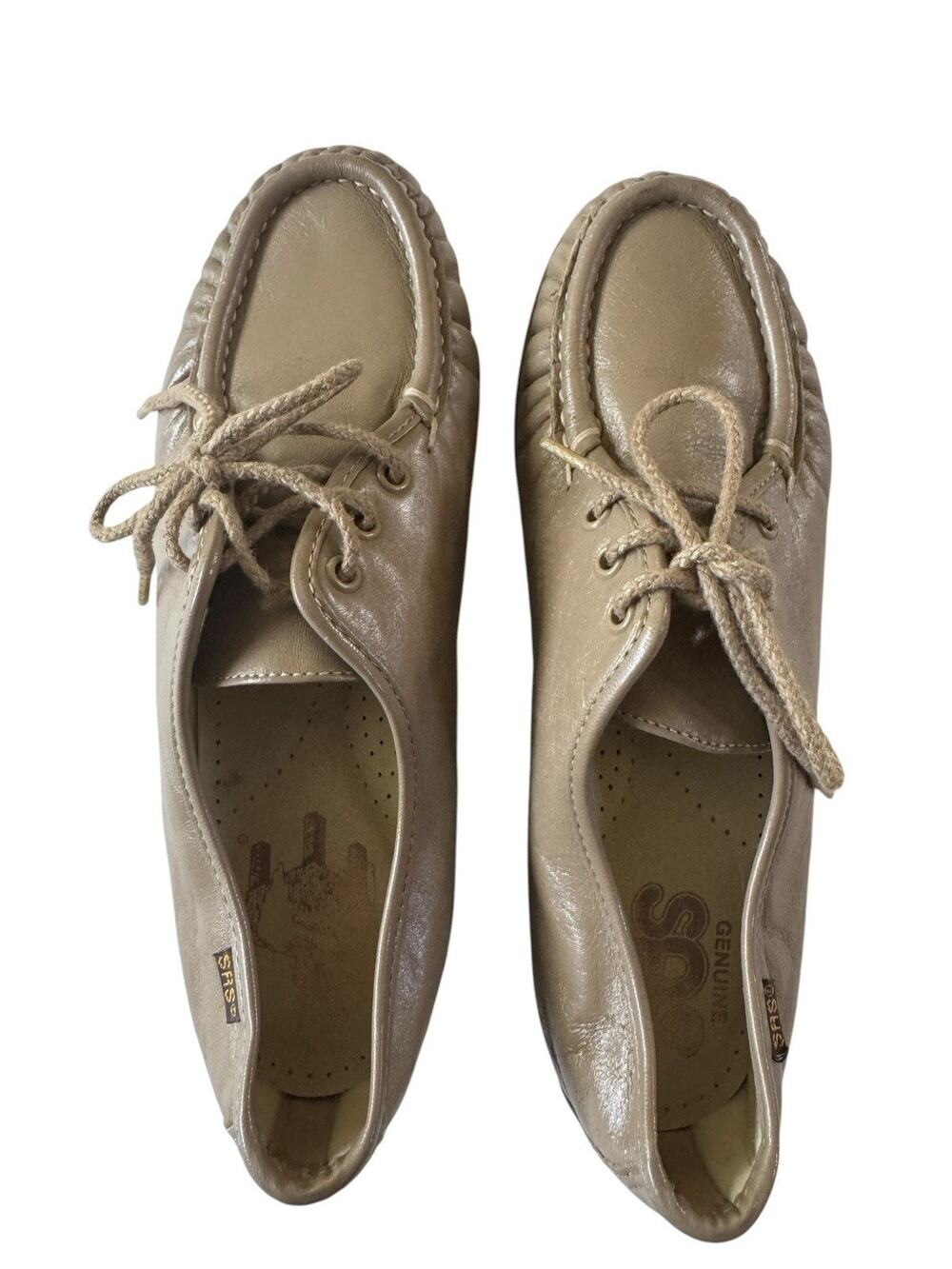 SAS Siesta Womens 8 Moccasin Taupe Leather Lace Up Walking Comfort Shoes